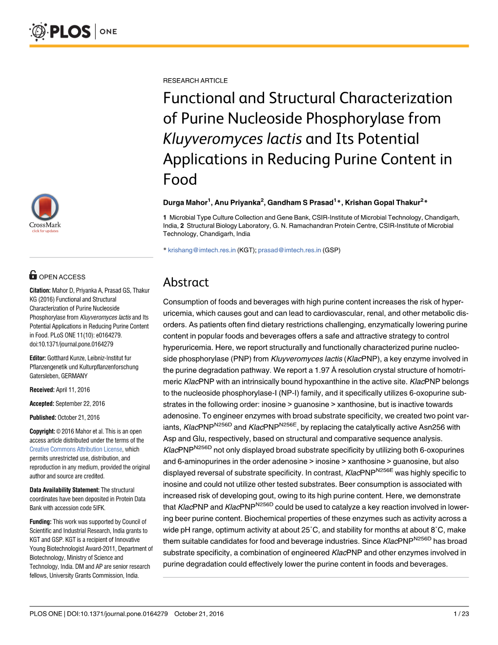 Functional and Structural Characterization of Purine Nucleoside Phosphorylase from Kluyveromyces Lactis and Its Potential Applic