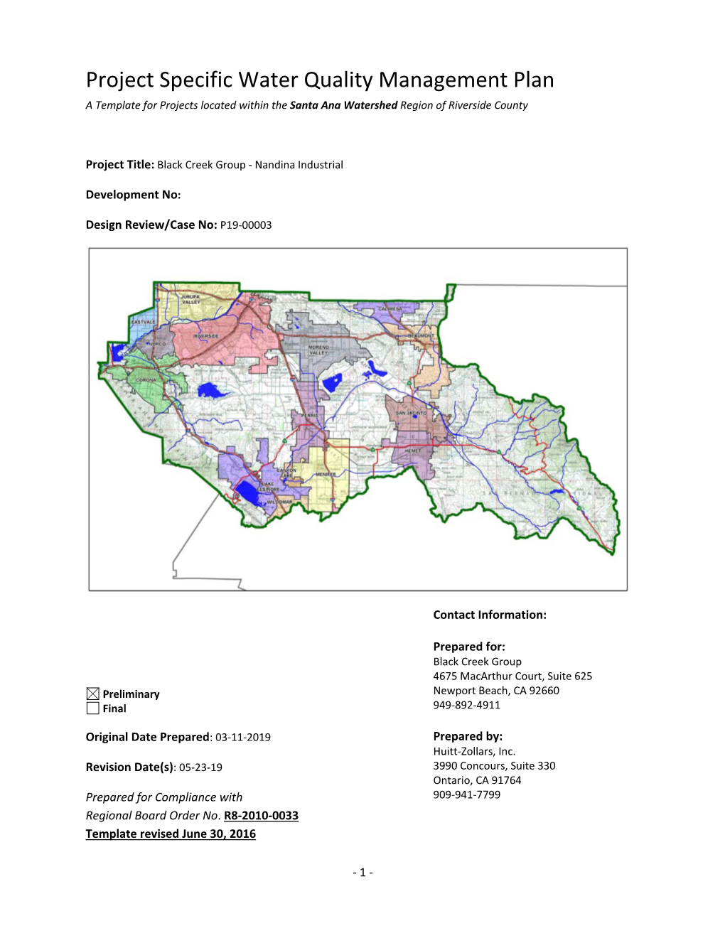 Project Specific Water Quality Management Plan a Template for Projects Located Within the Santa Ana Watershed Region of Riverside County