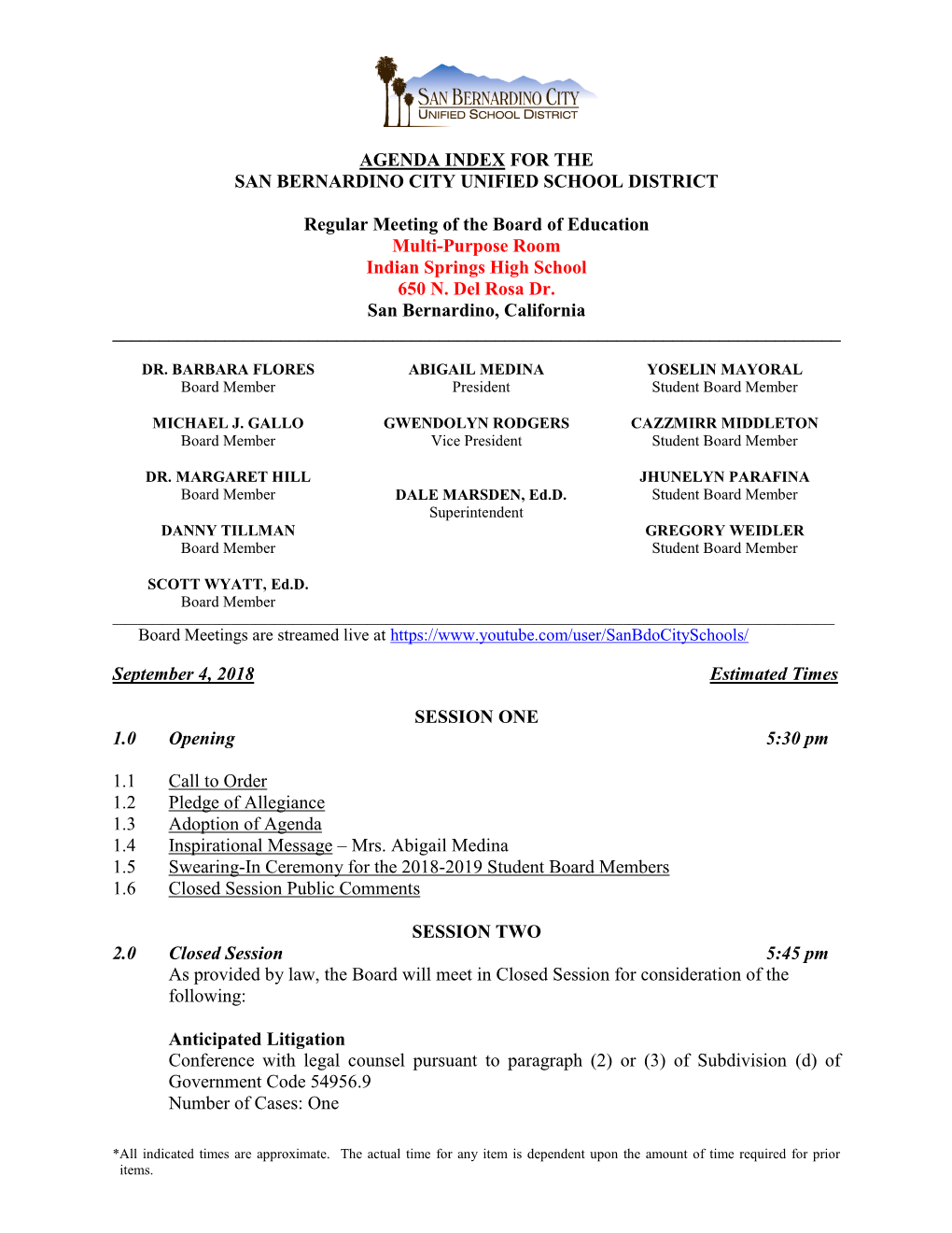AGENDA INDEX for the SAN BERNARDINO CITY UNIFIED SCHOOL DISTRICT Regular Meeting of the Board of Education