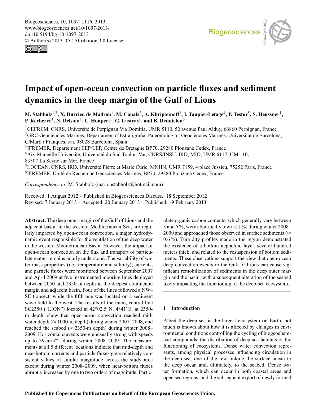 Impact of Open-Ocean Convection on Particle Fluxes and Sediment