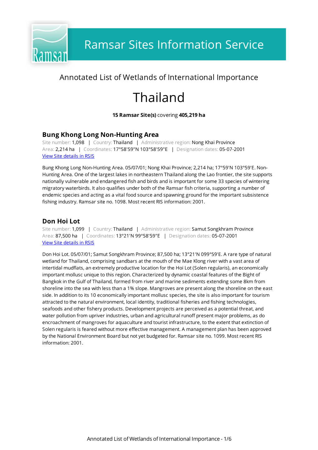 Annotated List of Wetlands of International Importance Thailand