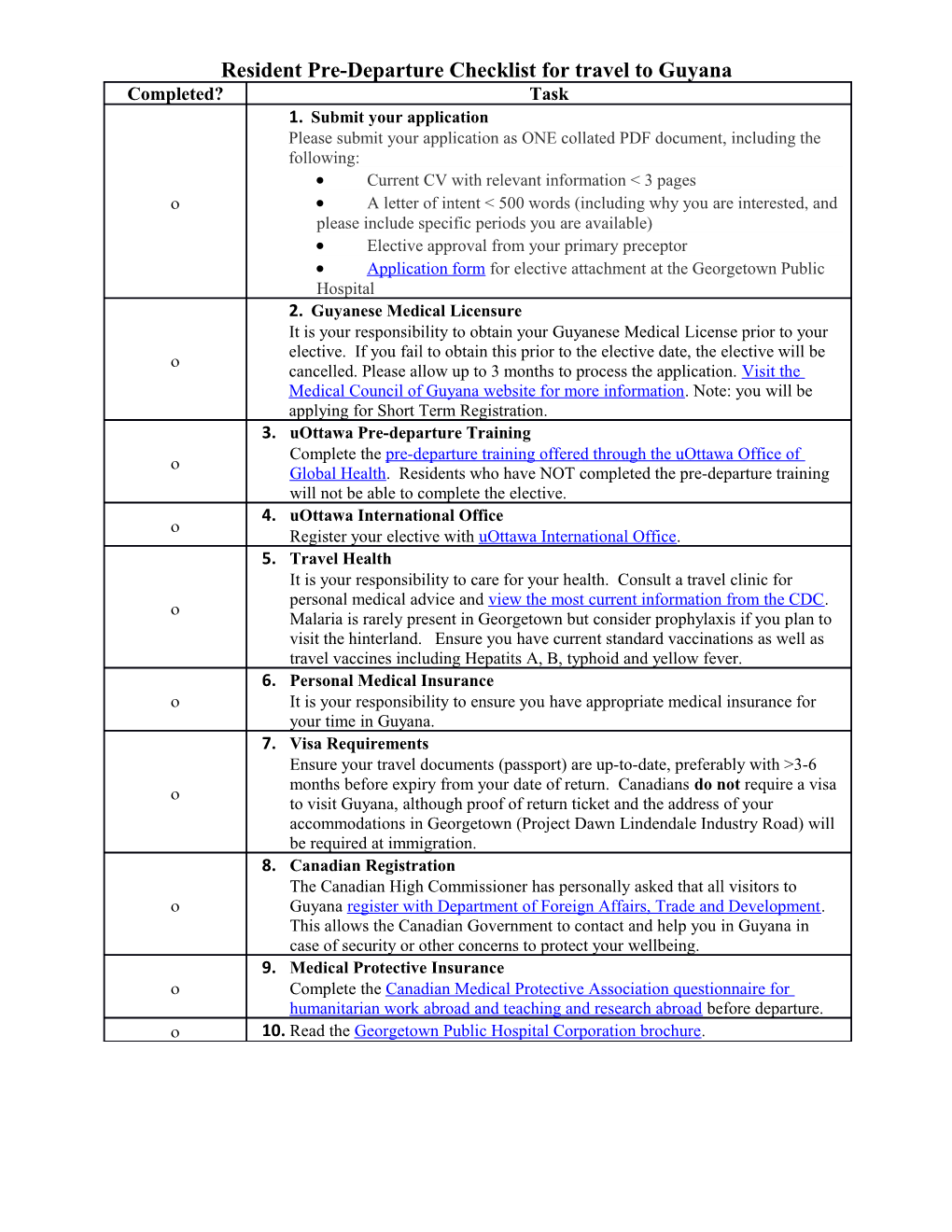 Resident Pre-Departure Checklist for Travel to Guyana