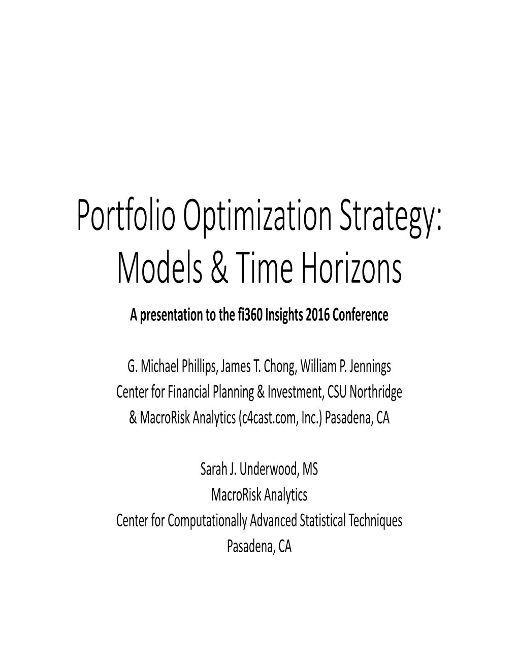 Portfolio Optimization Strategy: Models & Time Horizons