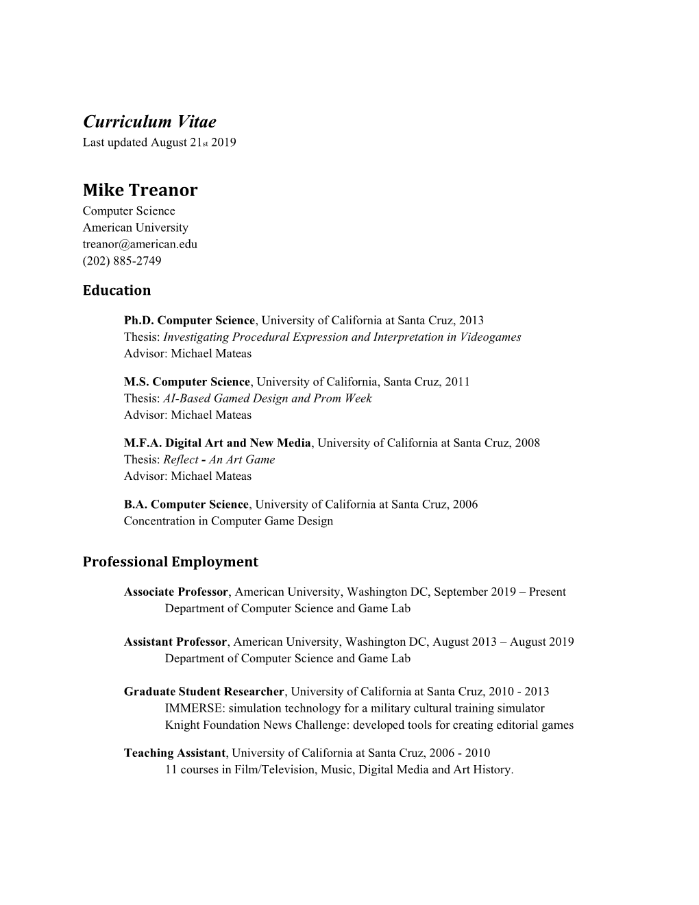 Curriculum Vitae Mike Treanor