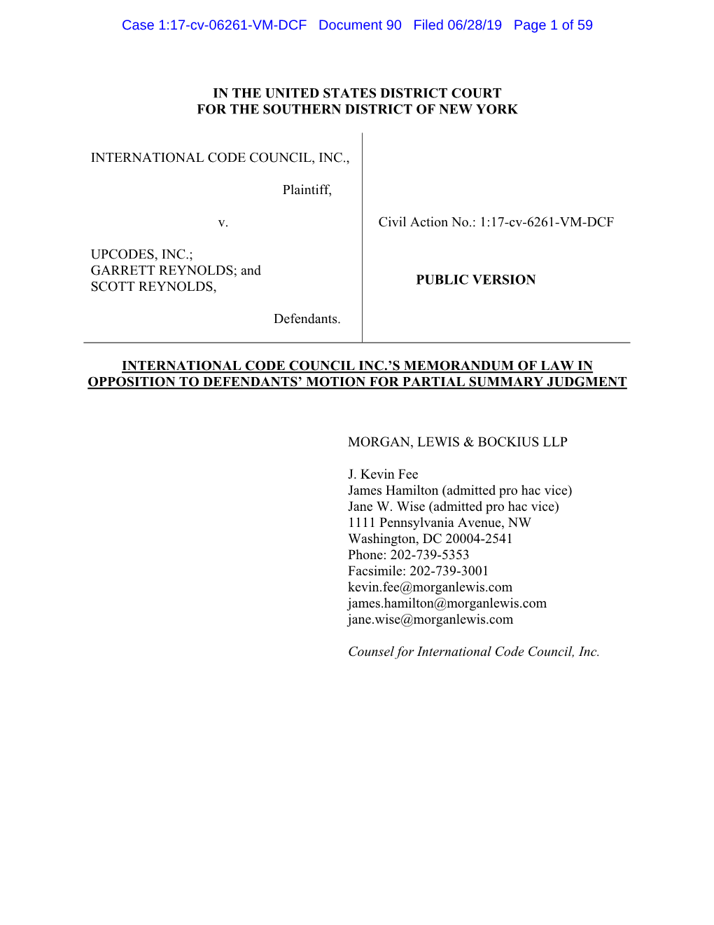 IN the UNITED STATES DISTRICT COURT for the SOUTHERN DISTRICT of NEW YORK INTERNATIONAL CODE COUNCIL, INC., Plaintiff, V. UPCO