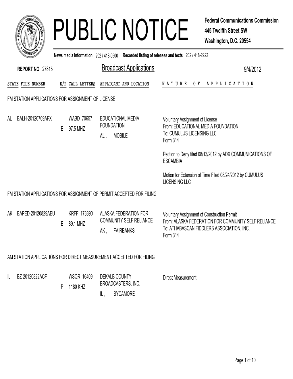 Broadcast Applications 9/4/2012