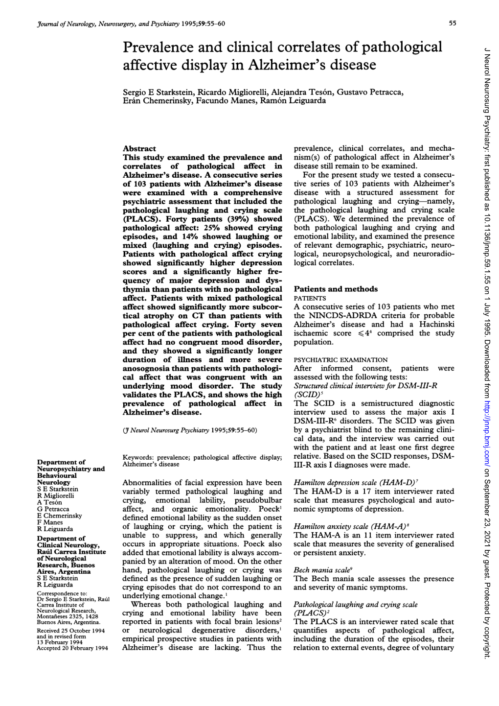 Prevalence and Clinical Correlates of Pathological Affective Display In