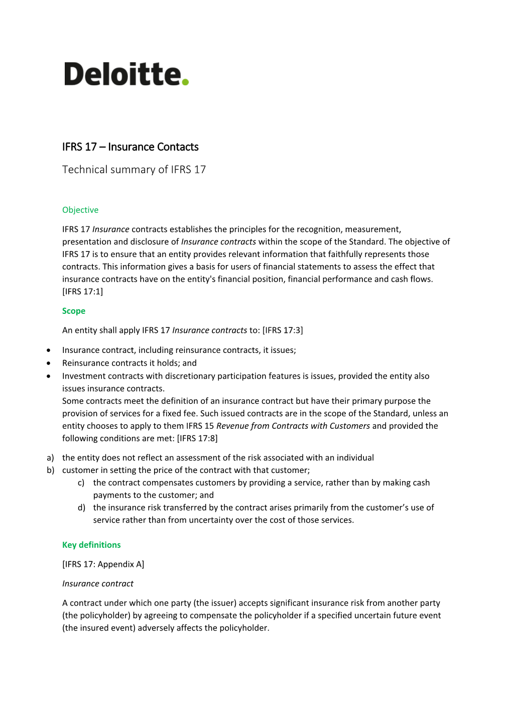 Insurance Contacts Technical Summary of IFRS 17