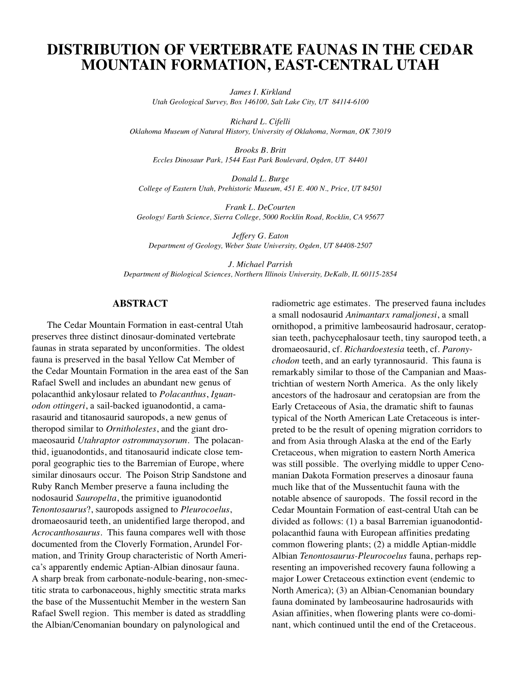 Distribution of Vertebrate Faunas in the Cedar Mountain Formation, East-Central Utah