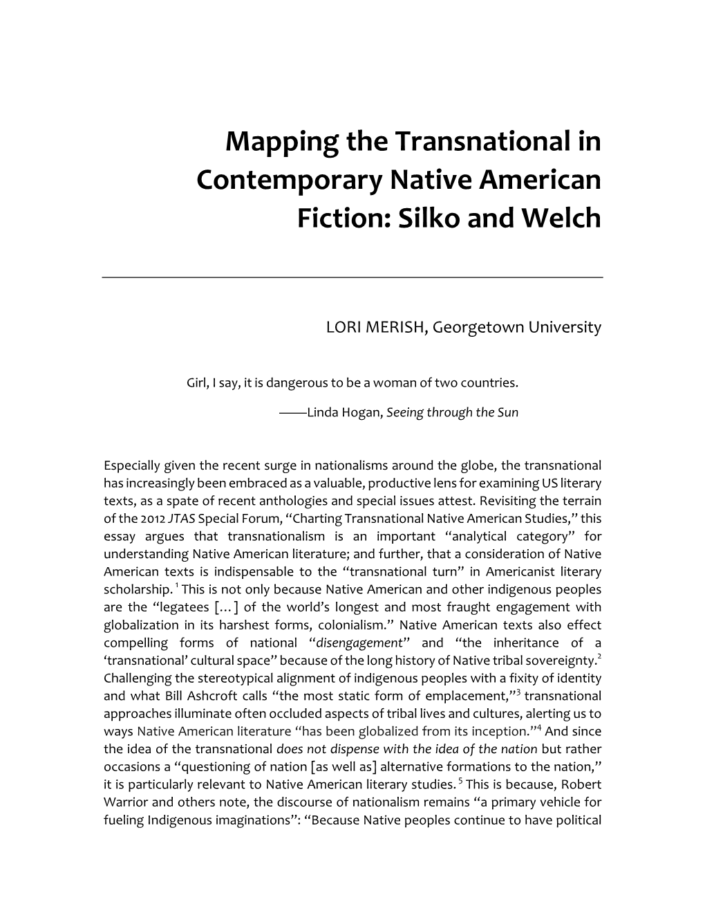 Mapping the Transnational in Contemporary Native American Fiction: Silko and Welch