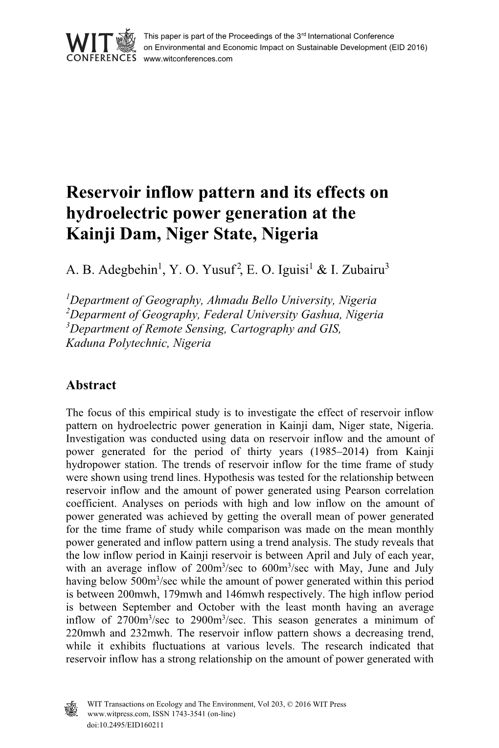 Reservoir Inflow Pattern and Its Effects on Hydroelectric Power Generation at the Kainji Dam, Niger State, Nigeria