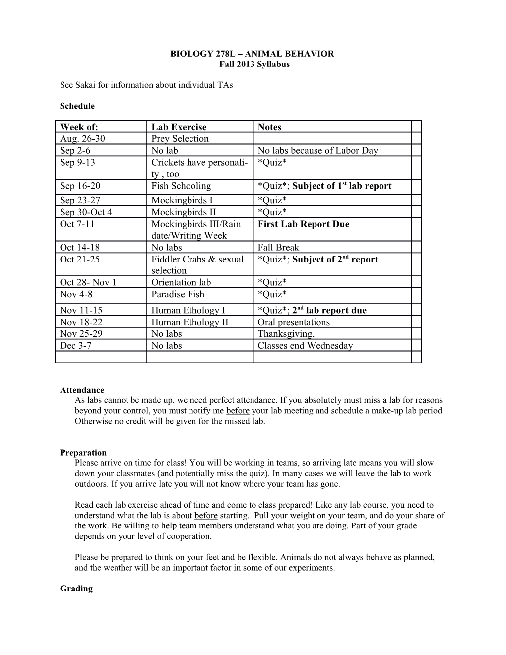 Biology 278L Animal Behavior Laboratory