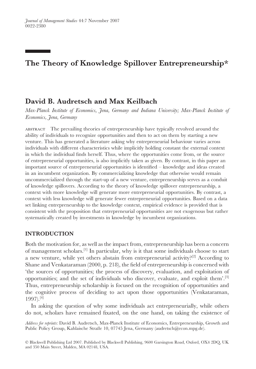 The Theory of Knowledge Spillover Entrepreneurship*