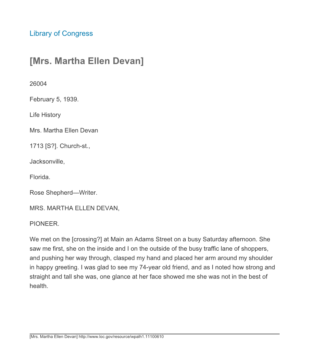 Mrs. Martha Ellen Devan]