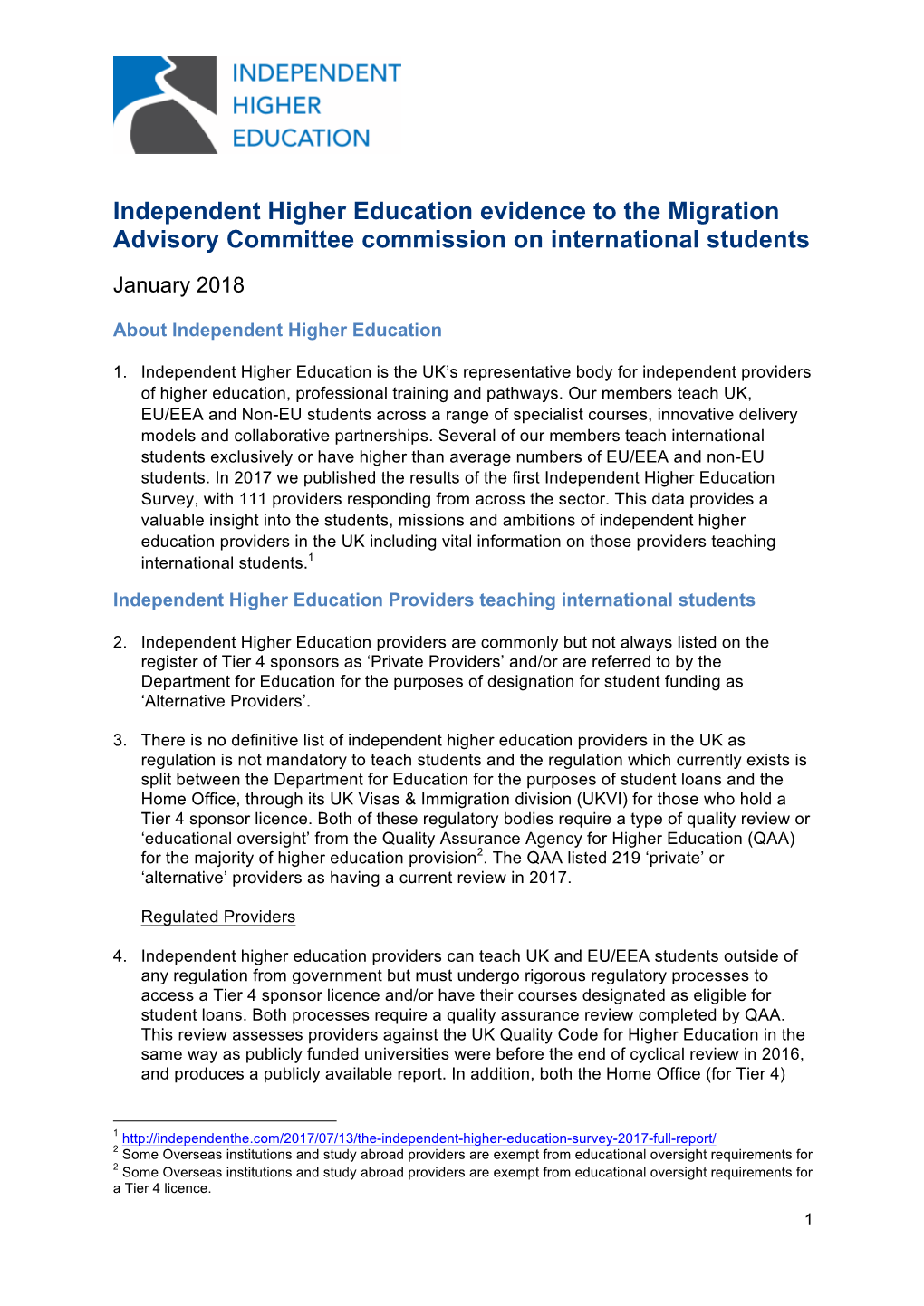 Independent Higher Education Evidence to the Migration Advisory Committee Commission on International Students
