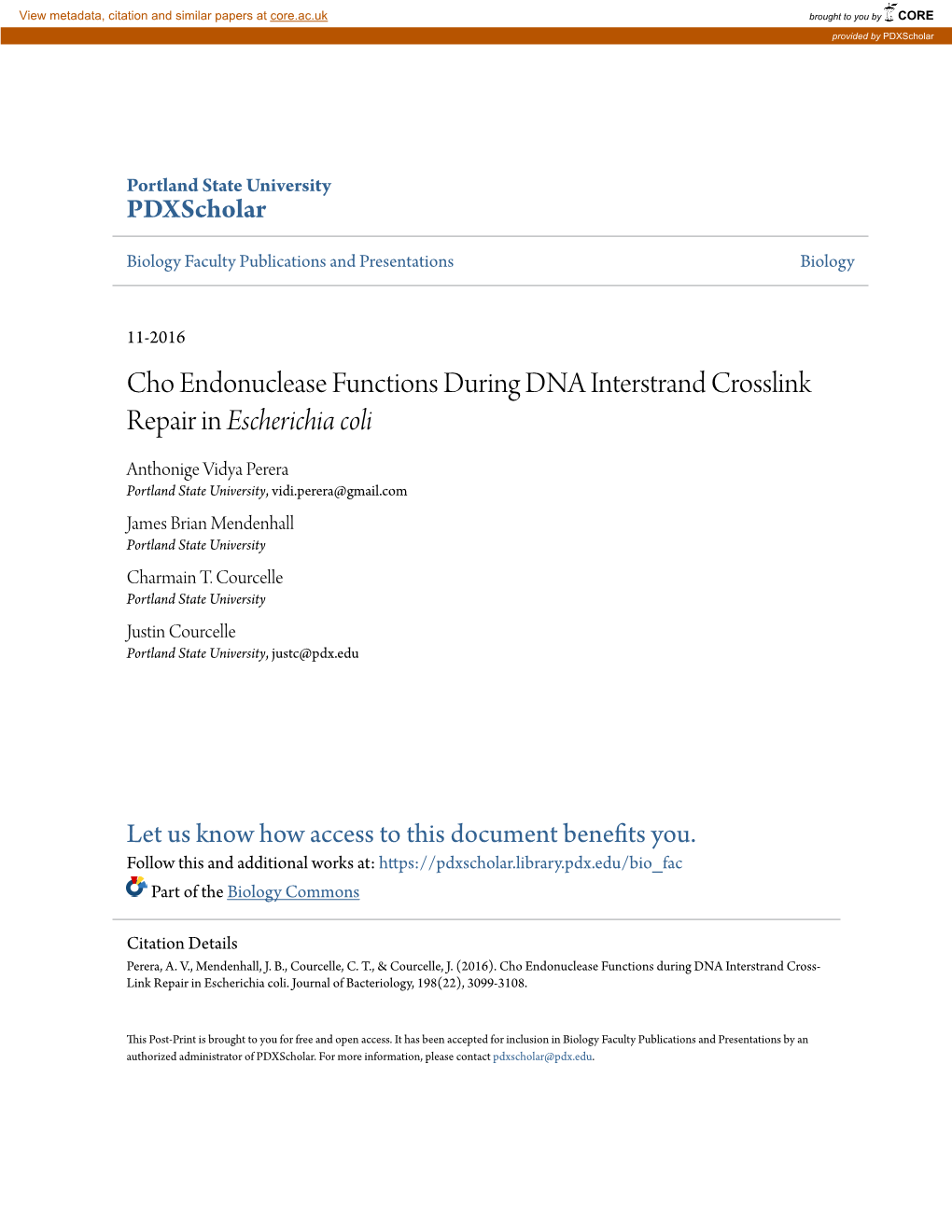 Cho Endonuclease Functions During DNA Interstrand Crosslink Repair in Escherichia Coli