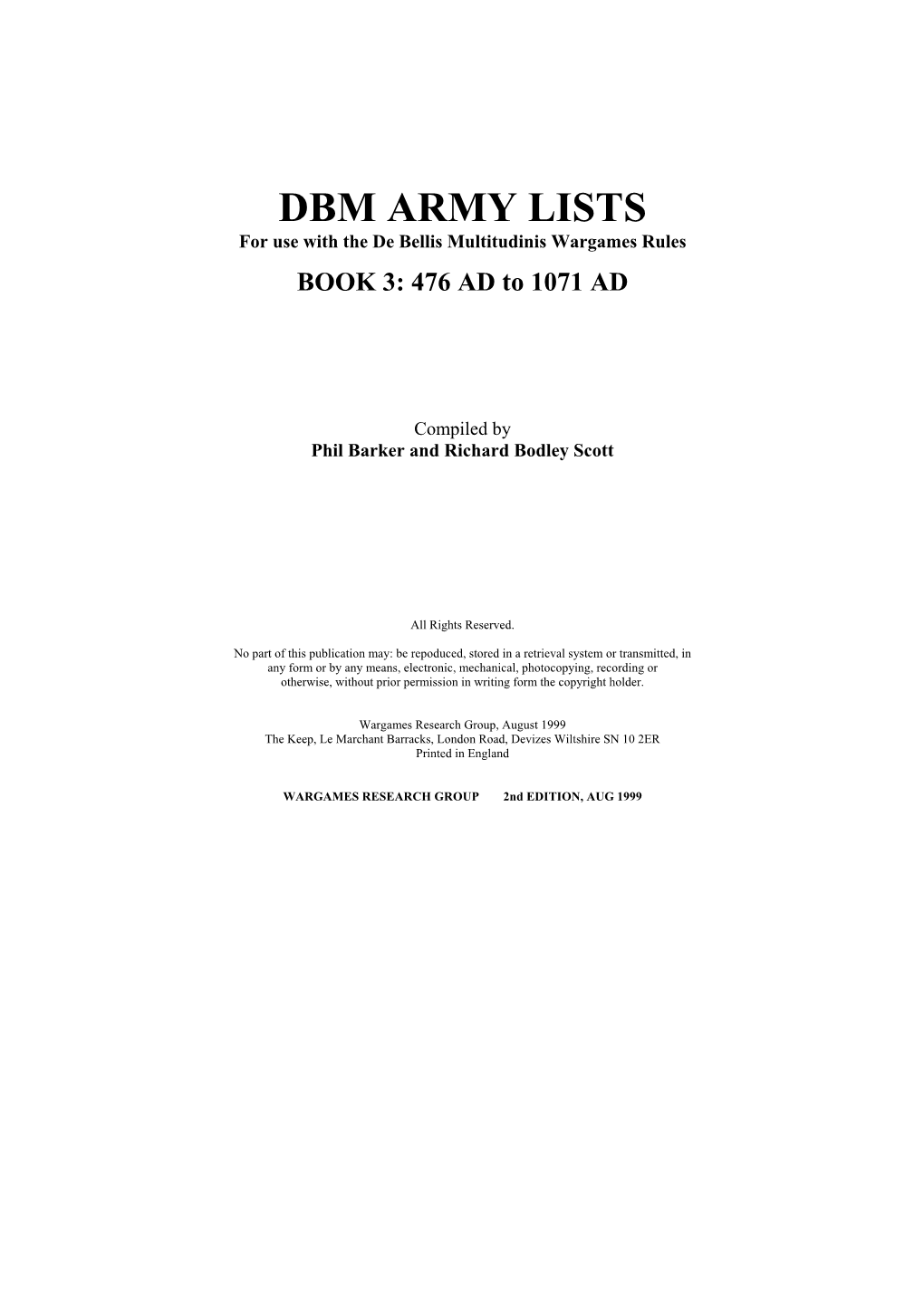 DBM ARMY LISTS for Use with the De Bellis Multitudinis Wargames Rules