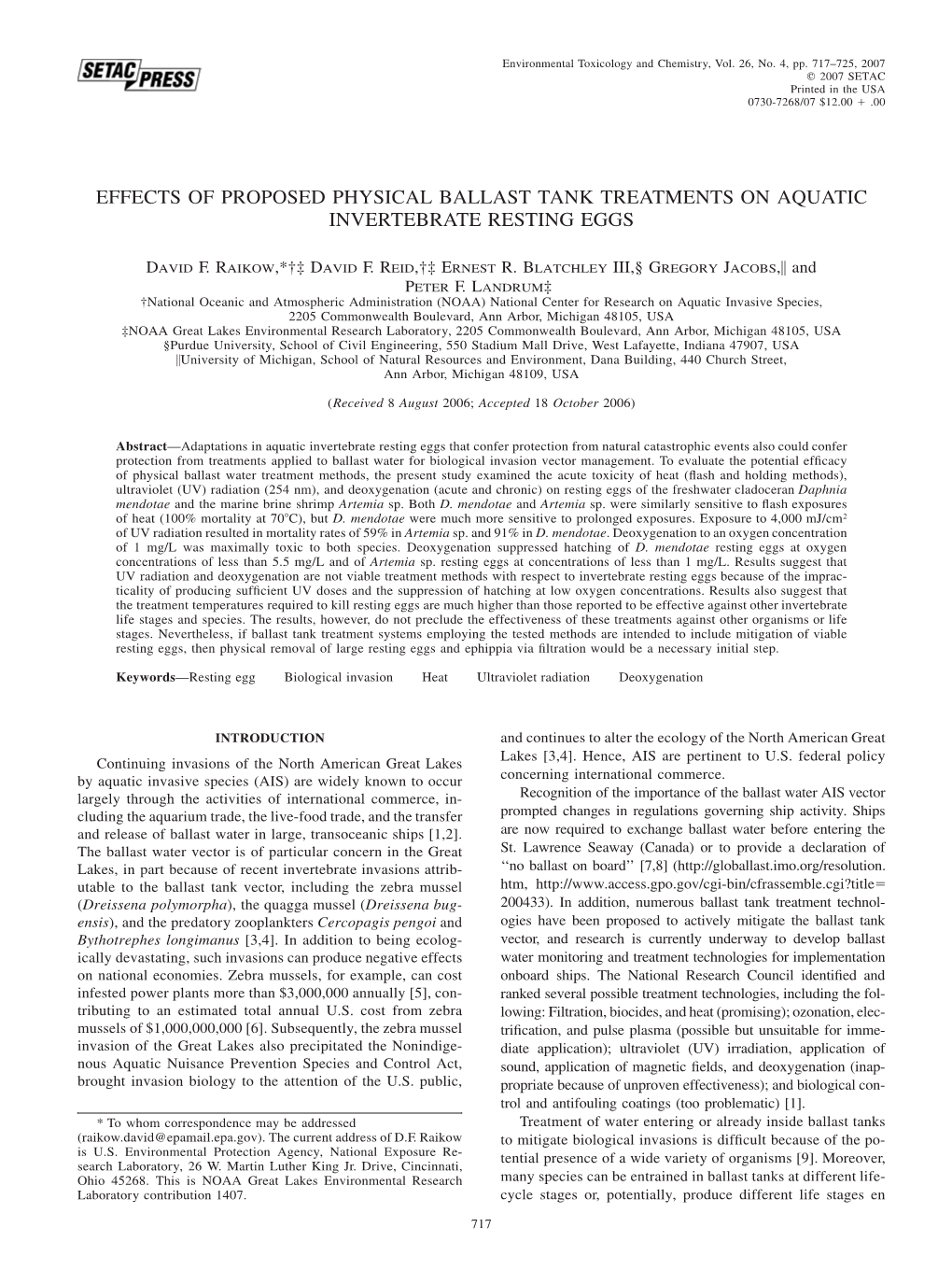 Effects of Proposed Physical Ballast Tank Treatments on Aquatic Invertebrate Resting Eggs