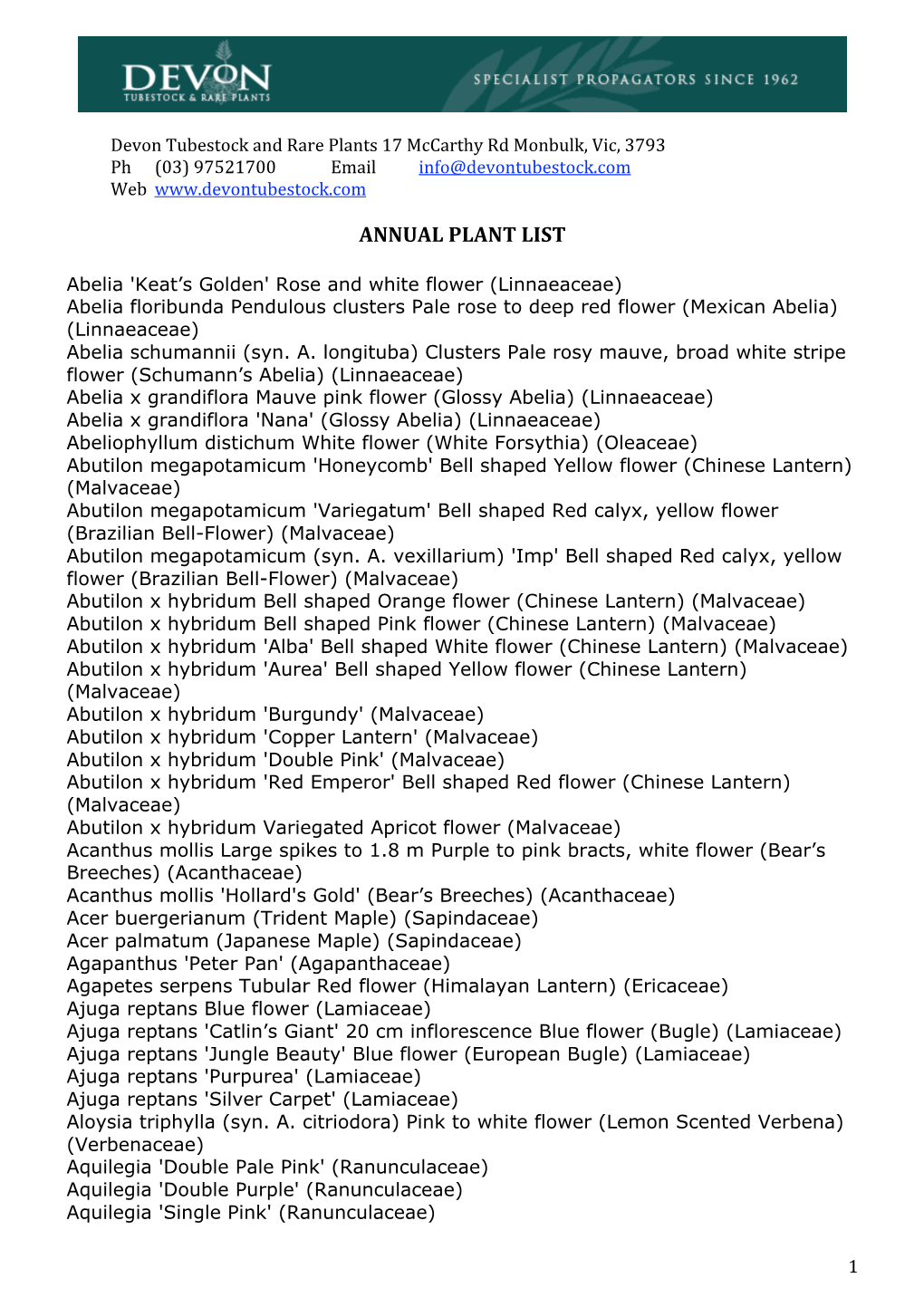 Annual Plant List