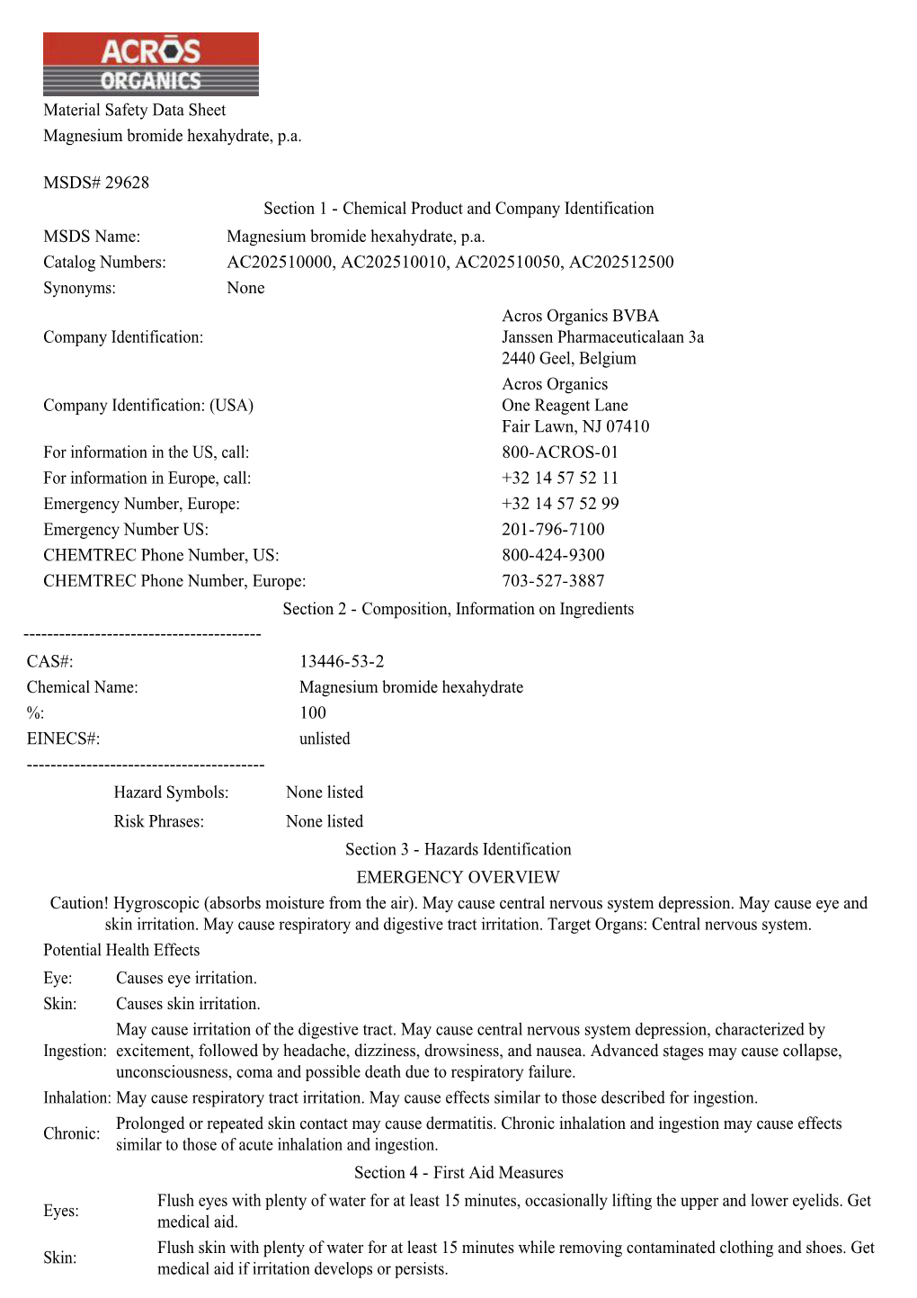 Material Safety Data Sheet Magnesium Bromide Hexahydrate, Pa MSDS# 29628 Section 1