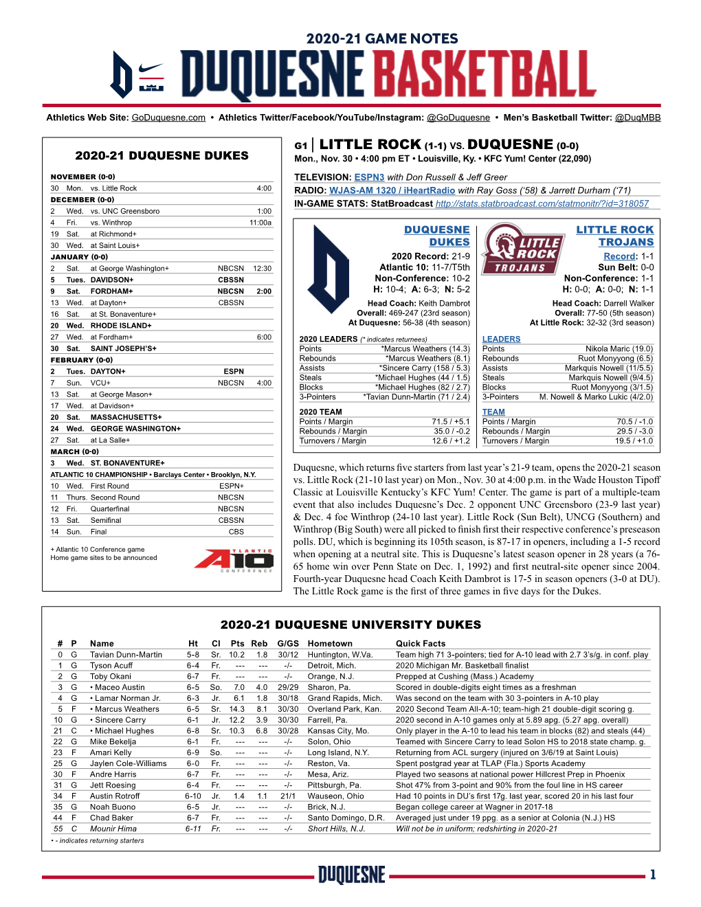 1 2020-21 Game Notes G1 | Little Rock (1-1) Vs. Duquesne (0-0)