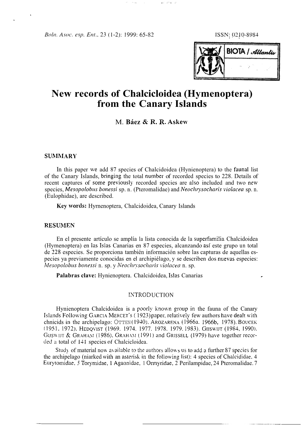 New Records of Chalcicloidea (Hymenoptera) from the Canary Islands