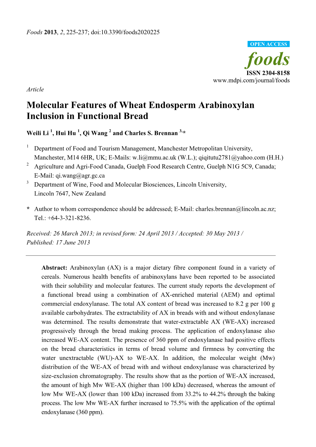 Molecular Features of Wheat Endosperm Arabinoxylan Inclusion in Functional Bread