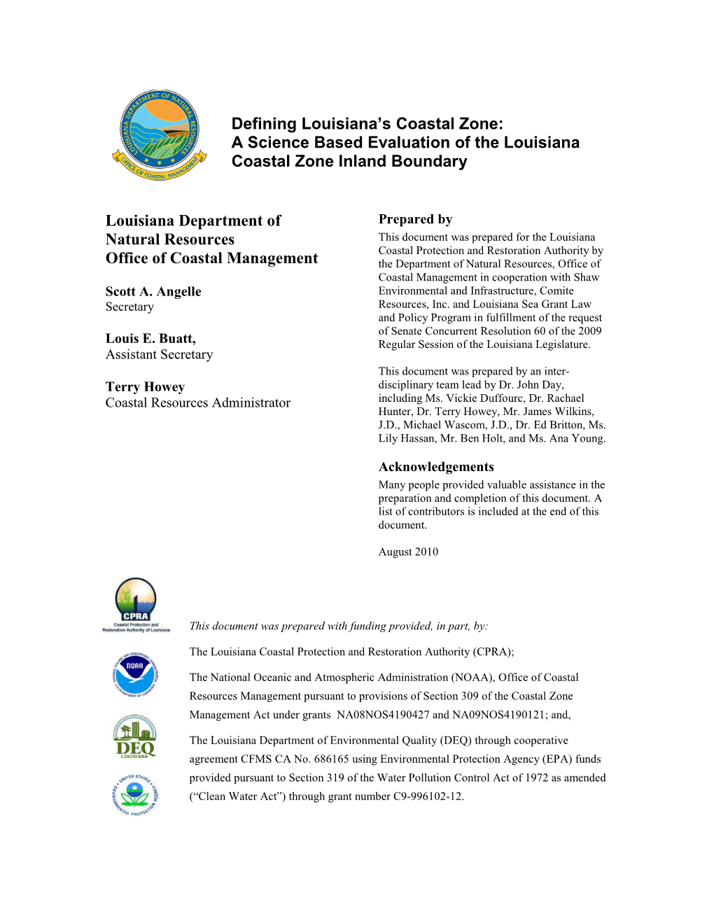 Defining Louisiana's Coastal Zone: a Science Based Evaluation of the Louisiana Coastal Zone Inland Boundary Louisiana Departme