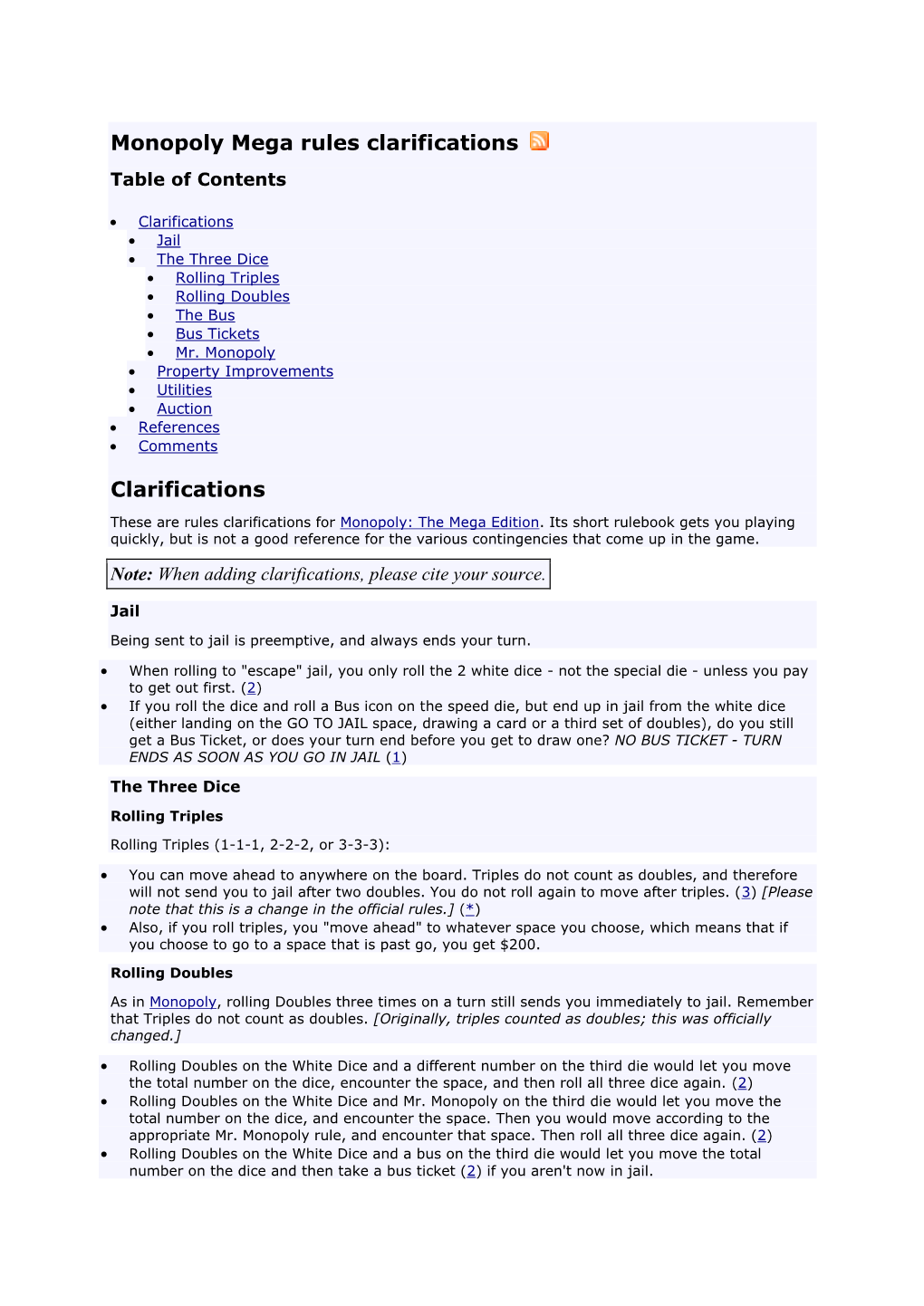 Monopoly Mega Rules Clarifications Table of Contents