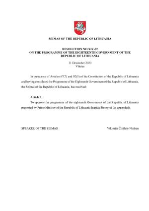 Seimas of the Republic of Lithuania Resolution No Xiv