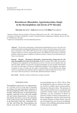 Russulaceae (Russulales, Agaricomycotina, Fungi) in the Thermophilous Oak Forests of W Slovakia