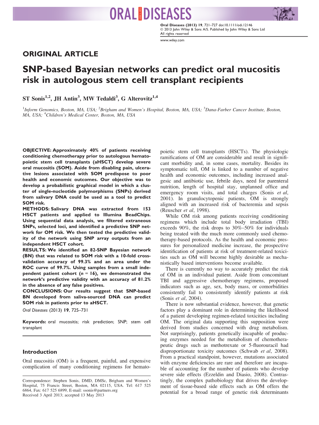 Snpbased Bayesian Networks Can Predict Oral Mucositis Risk In