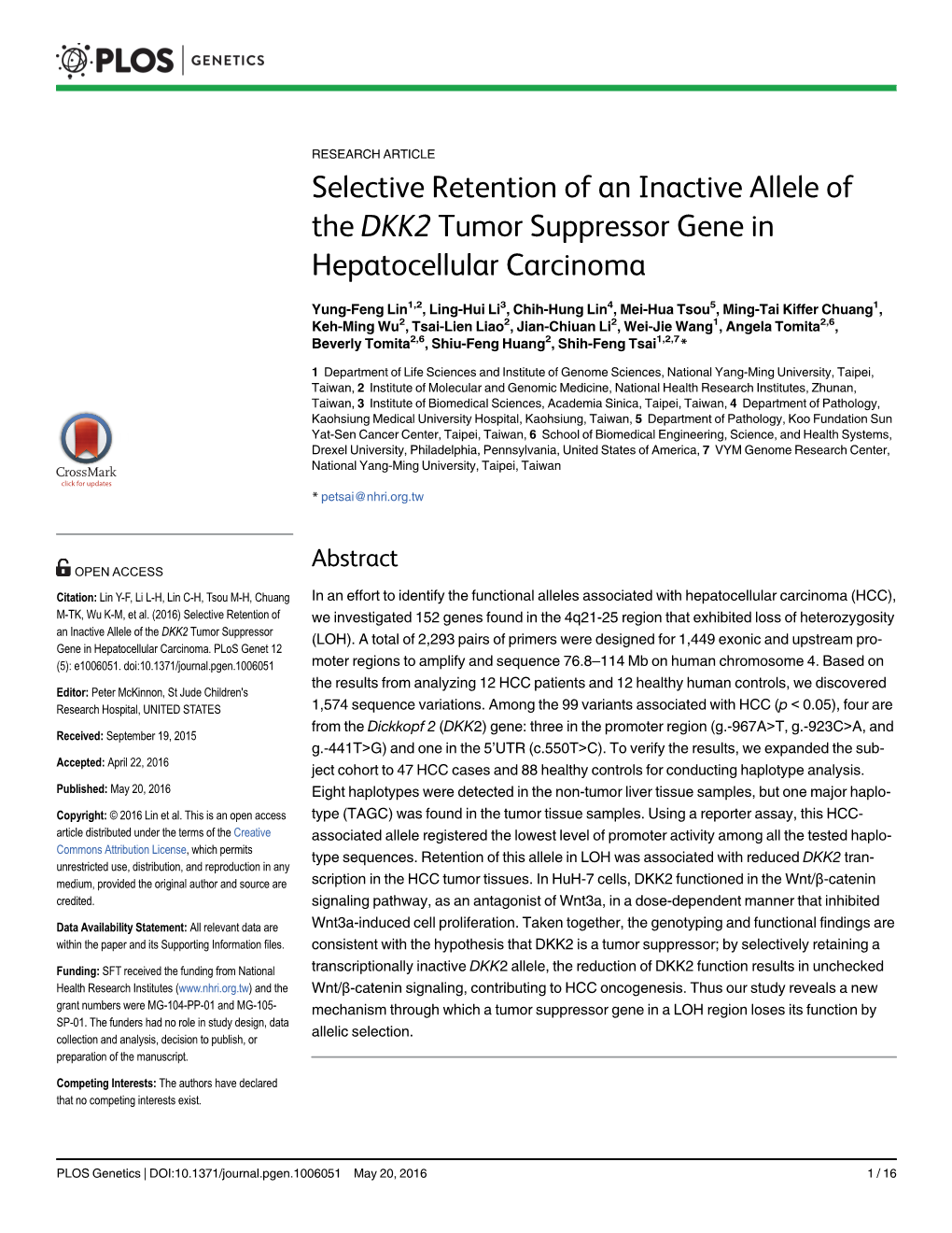 Selective Retention of an Inactive Allele of the DKK2 Tumor Suppressor Gene in Hepatocellular Carcinoma