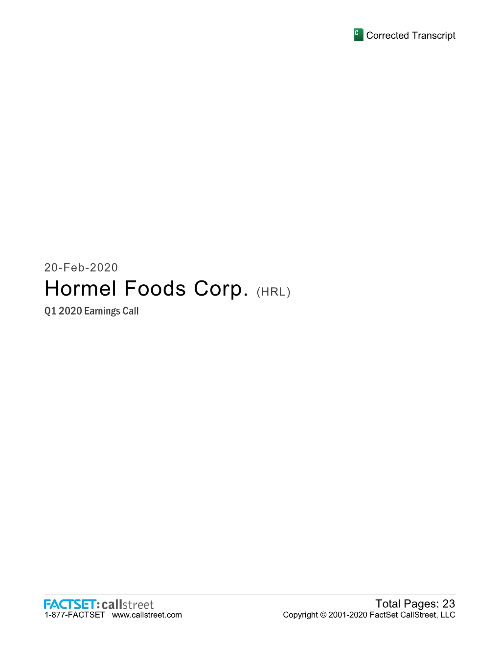 Hormel Foods Corp. (HRL) Q1 2020 Earnings Call