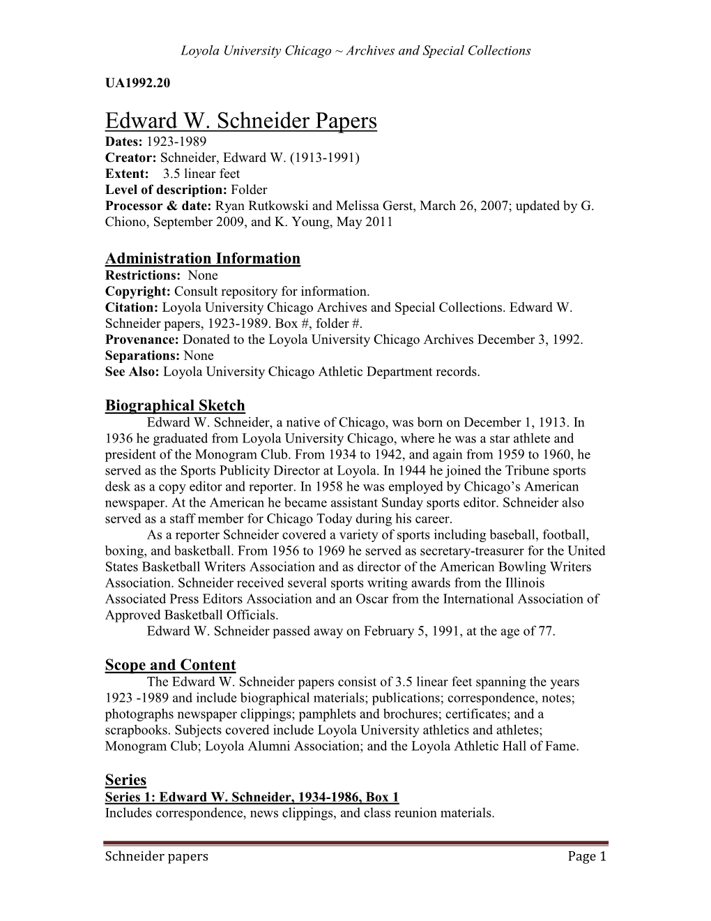 Edward W. Schneider Papers, 1923-1989