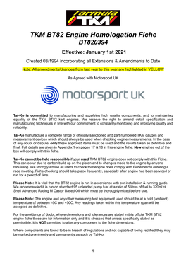 TKM BT82 Engine Homologation Fiche BT820394 Effective: January 1St 2021 Created 03/1994 Incorporating All Extensions & Amendments to Date