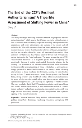 A Tripartite Assessment of Shifting Power in China* Cheng Li†