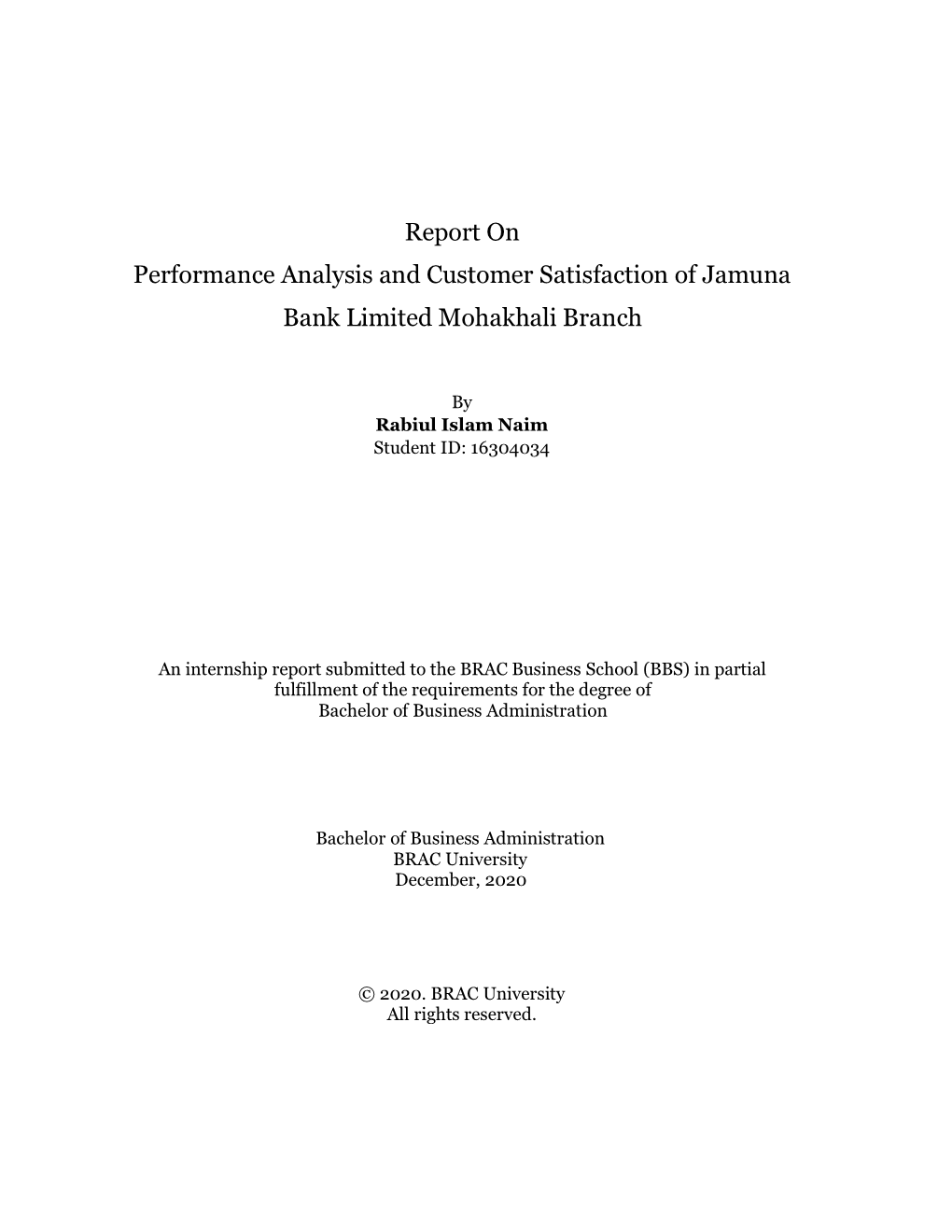 Report on Performance Analysis and Customer Satisfaction of Jamuna Bank Limited Mohakhali Branch