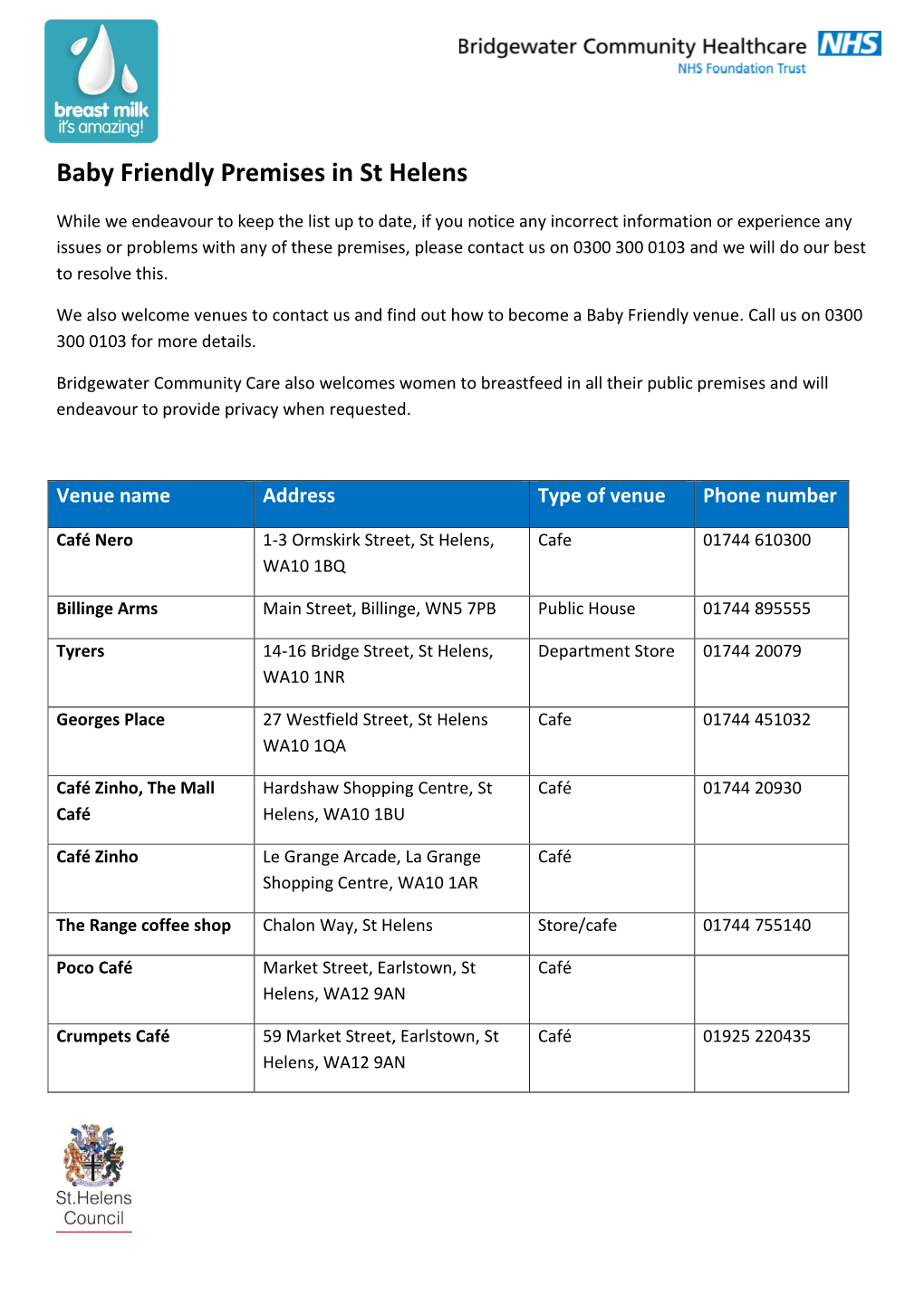 Baby Friendly Premises in St Helens