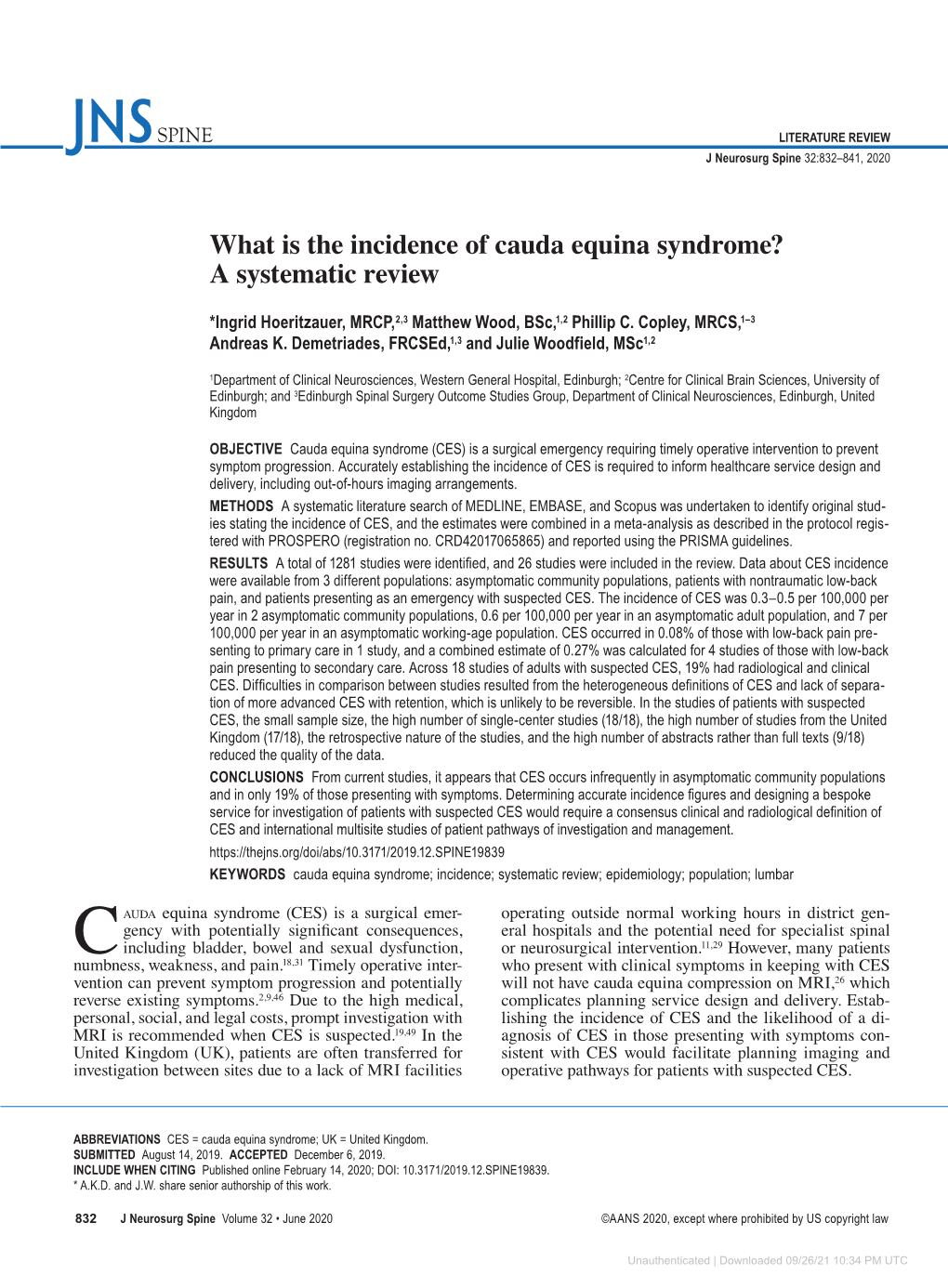 What Is the Incidence of Cauda Equina Syndrome? a Systematic Review