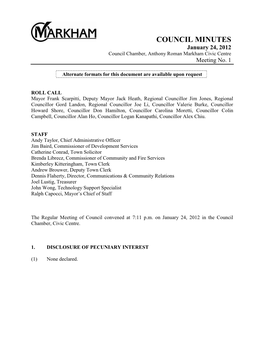 COUNCIL MINUTES January 24, 2012 Council Chamber, Anthony Roman Markham Civic Centre Meeting No