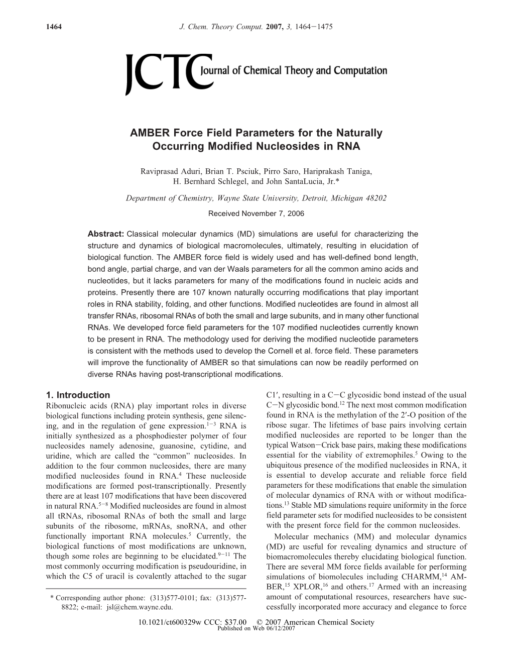 AMBER Force Field Parameters for the Naturally Occurring Modified Nucleosides in RNA