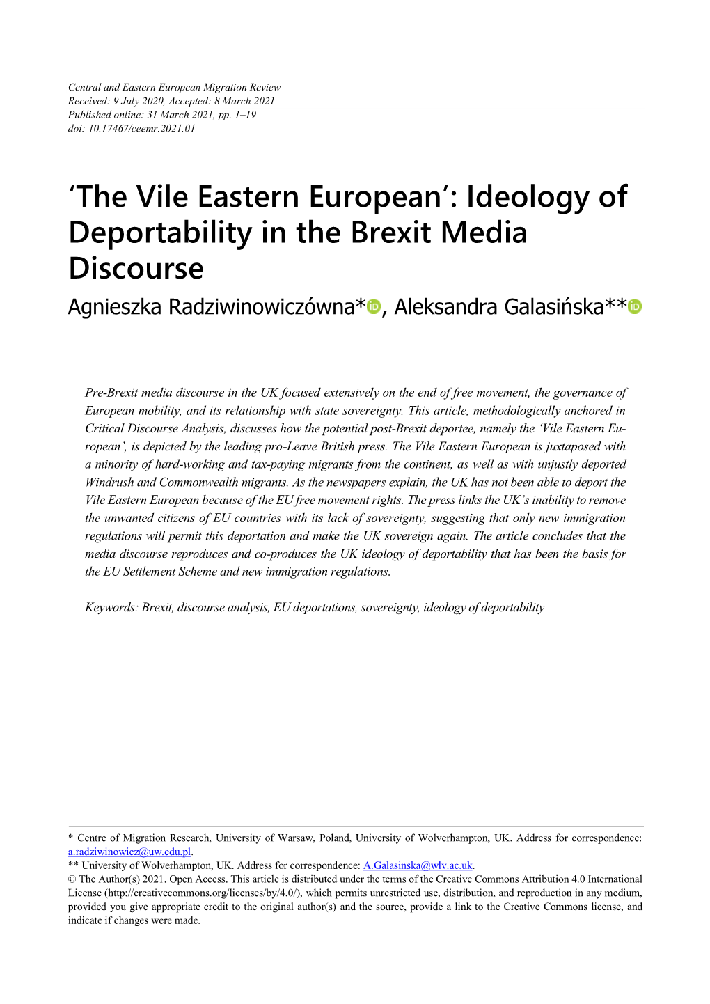 'The Vile Eastern European': Ideology of Deportability in the Brexit Media