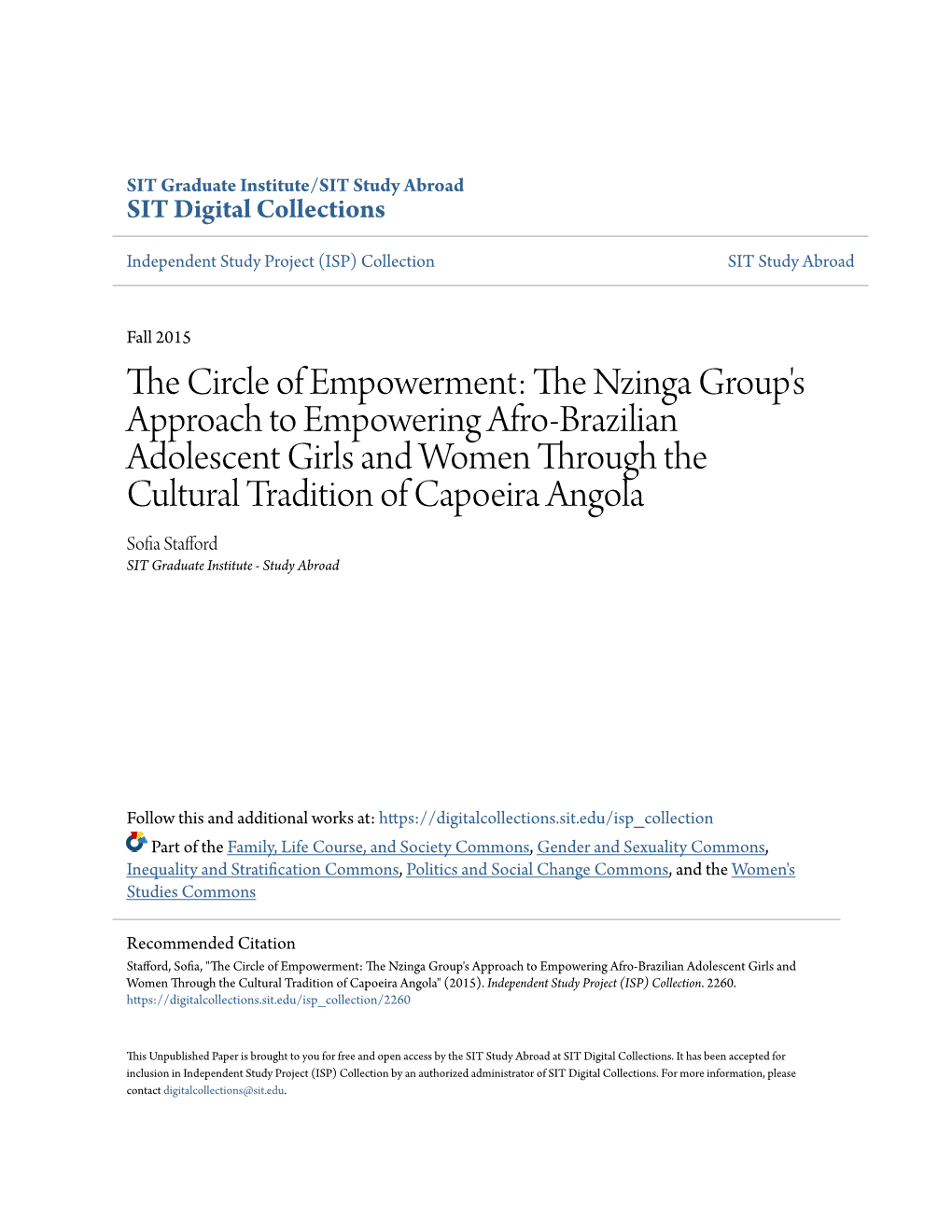 The Nzinga Group's Approach to Empowering Afro-Brazilian Adolescent Girls and Women Through the Cultural Tradition of Capoeira Angola