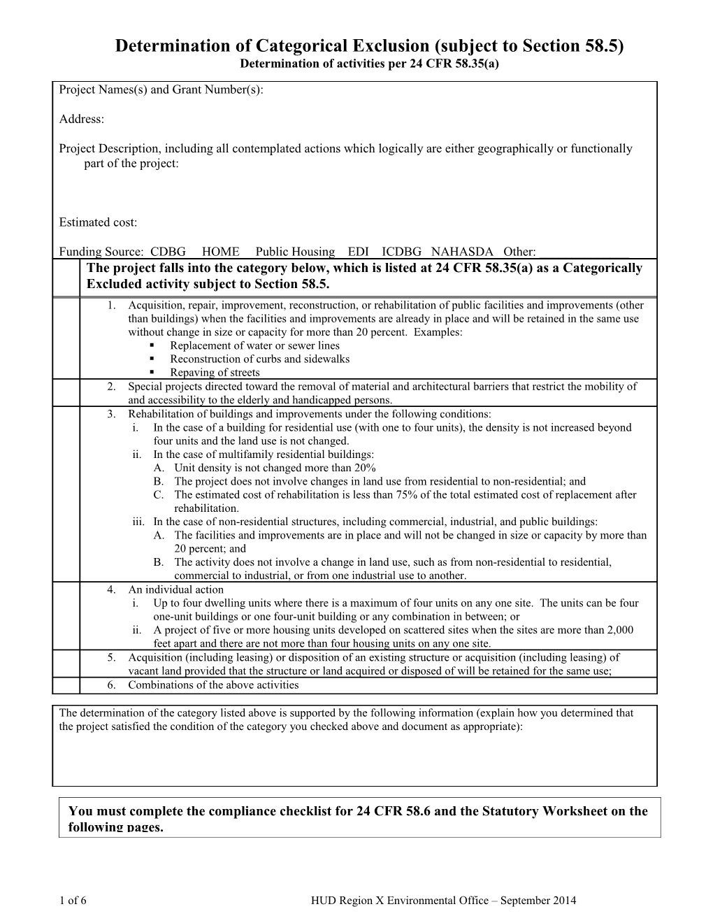 Determination of Categorical Exclusion (Subject to Section 58