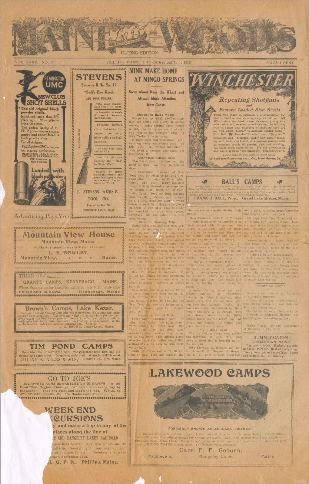 Maine Woods : Vol. 35, No. 6 September 05,1912 (Outing Edition)