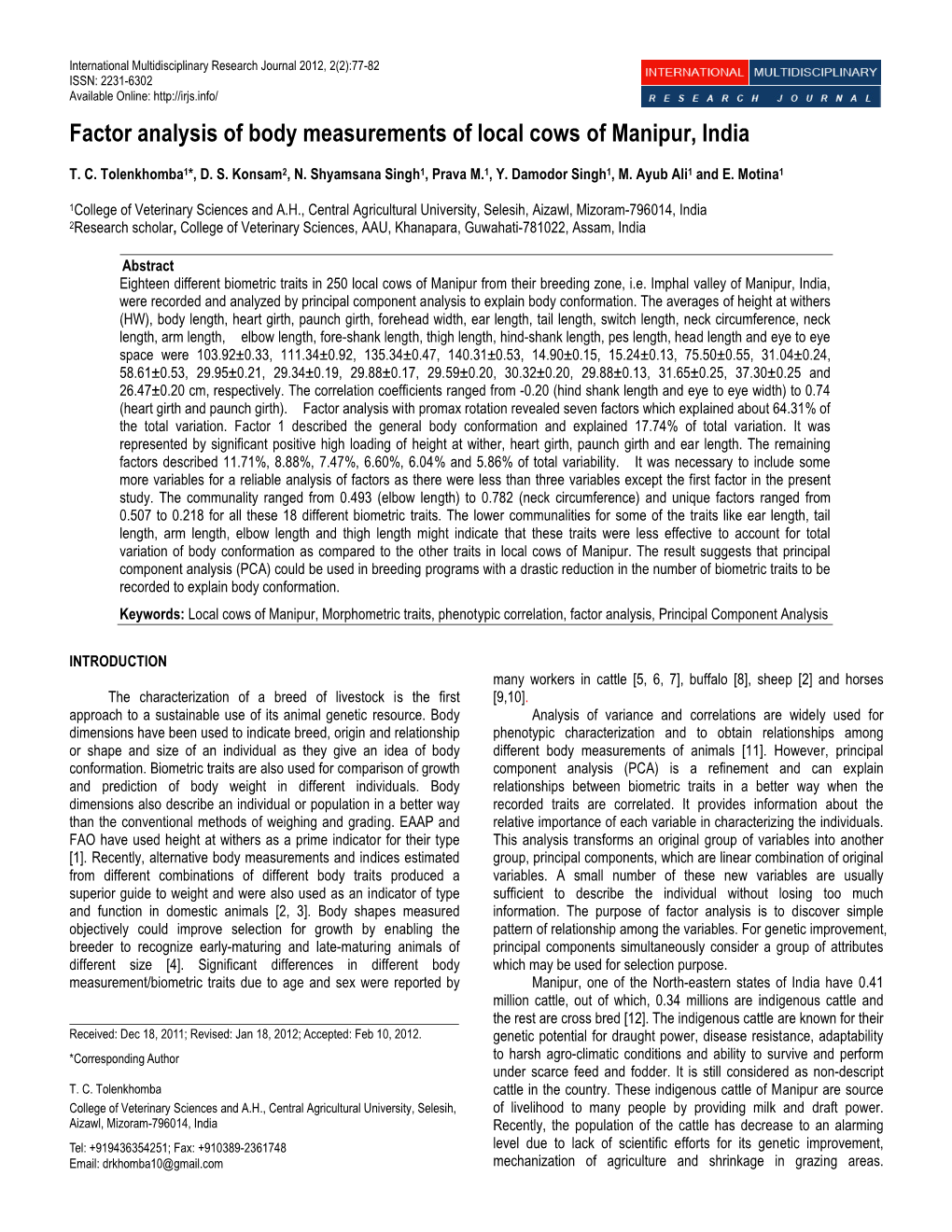 Factor Analysis of Body Measurements of Local Cows of Manipur, India