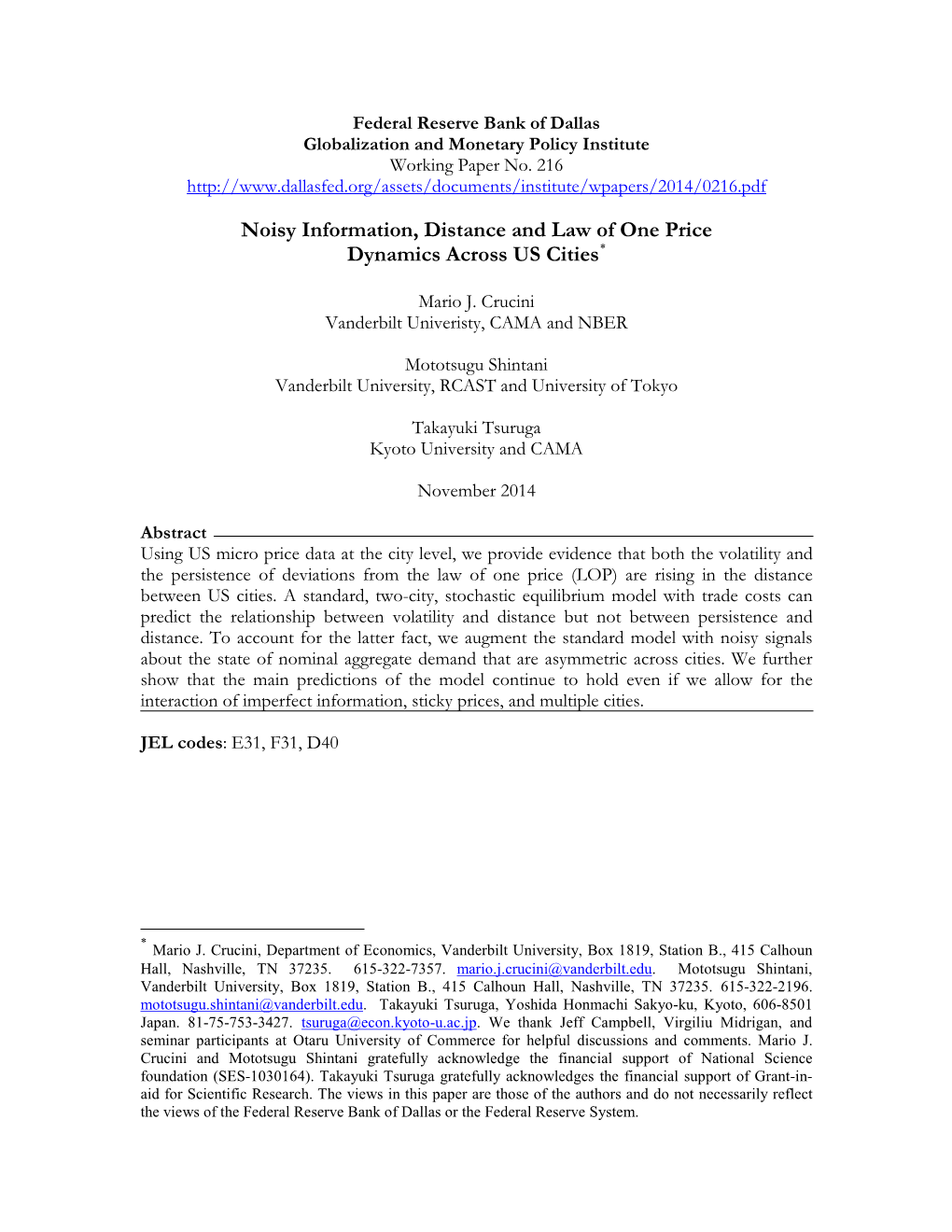 Noisy Information, Distance and Law of One Price Dynamics Across US Cities*