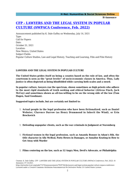 CFP - LAWYERS and the LEGAL SYSTEM in POPULAR CULTURE (SWPACA Conference, Feb