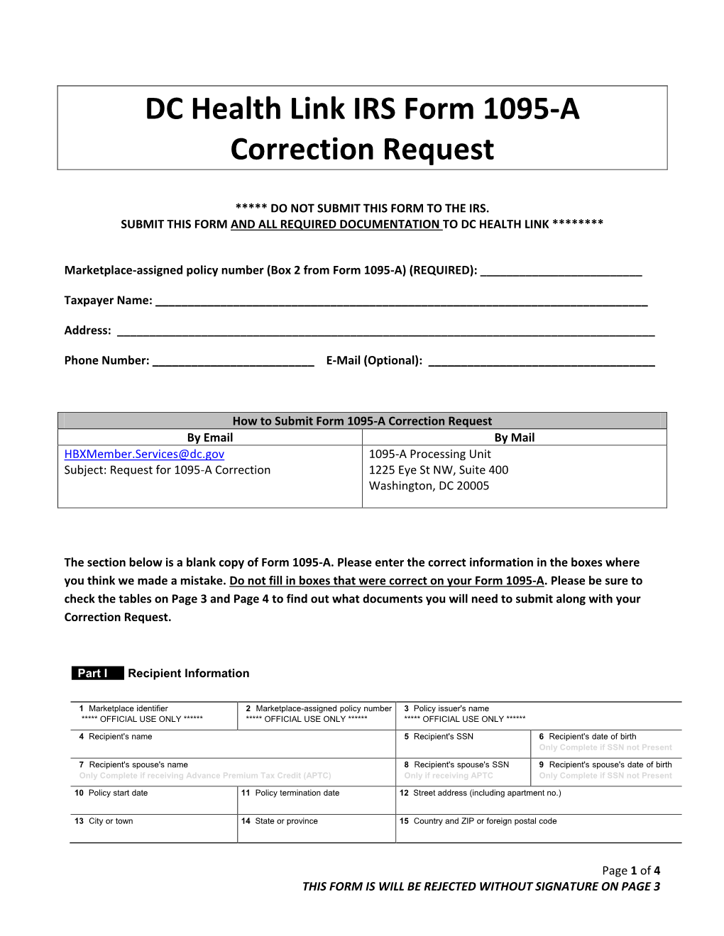 DC Health Link IRS Form 1095-A Correction Request